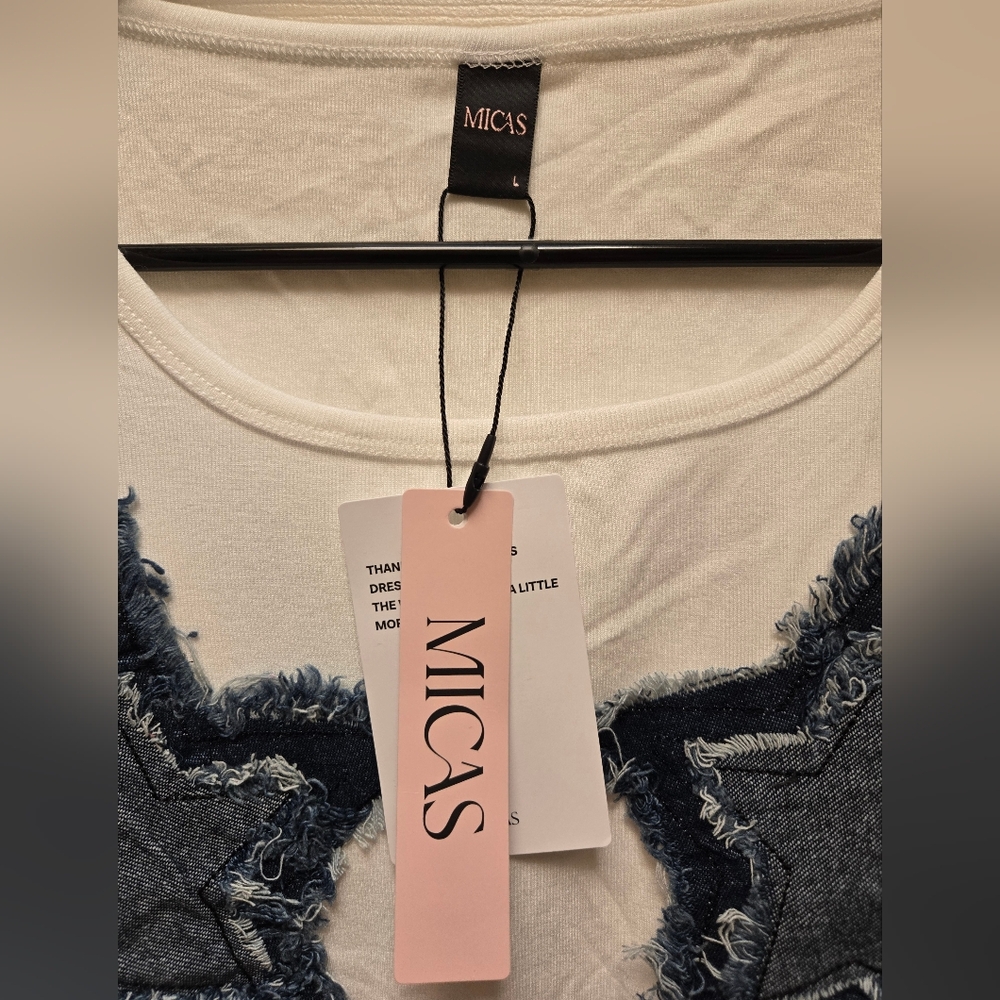 NWT Micas White Mini Dress with Blue Denim Star Patches, Large - Picture 5 of 9